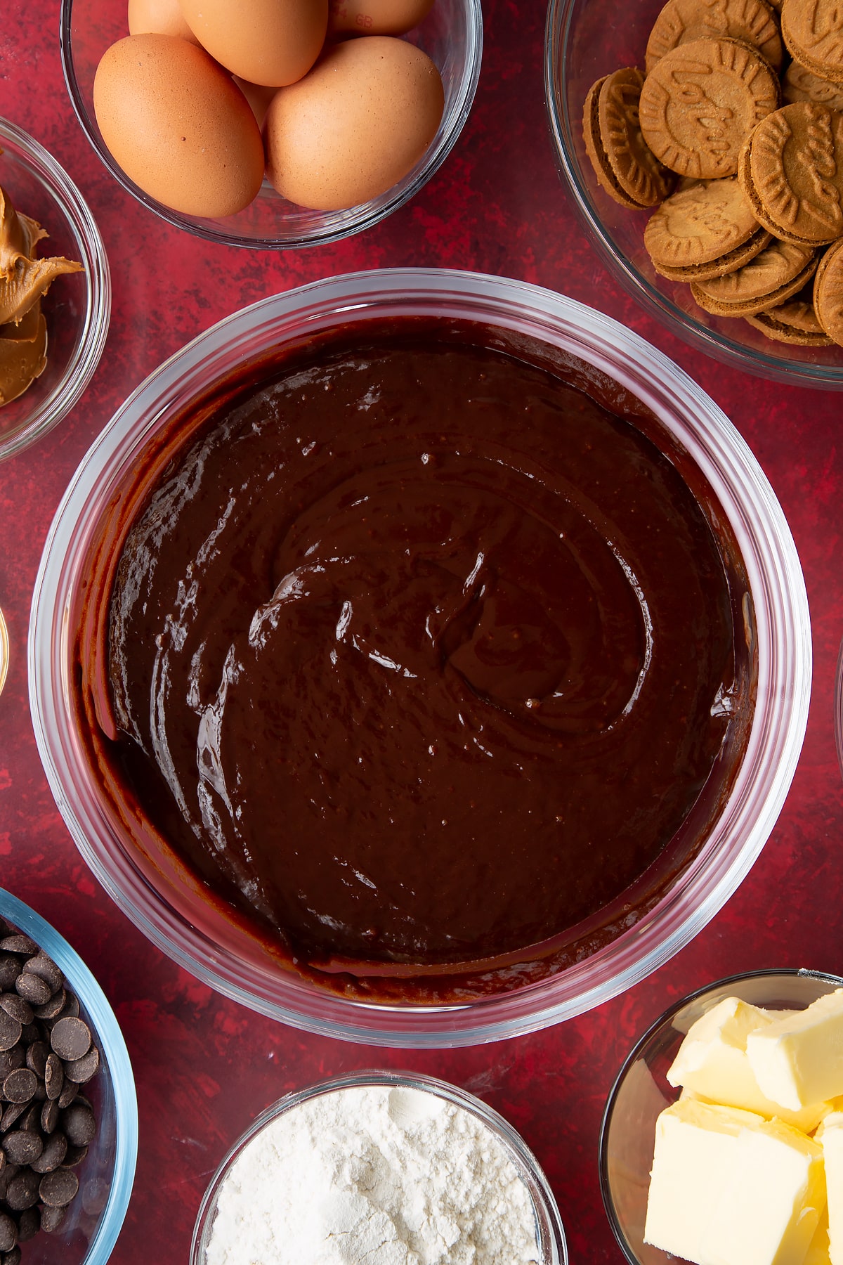 melted chocolate sugar mix in a large clear bowl.