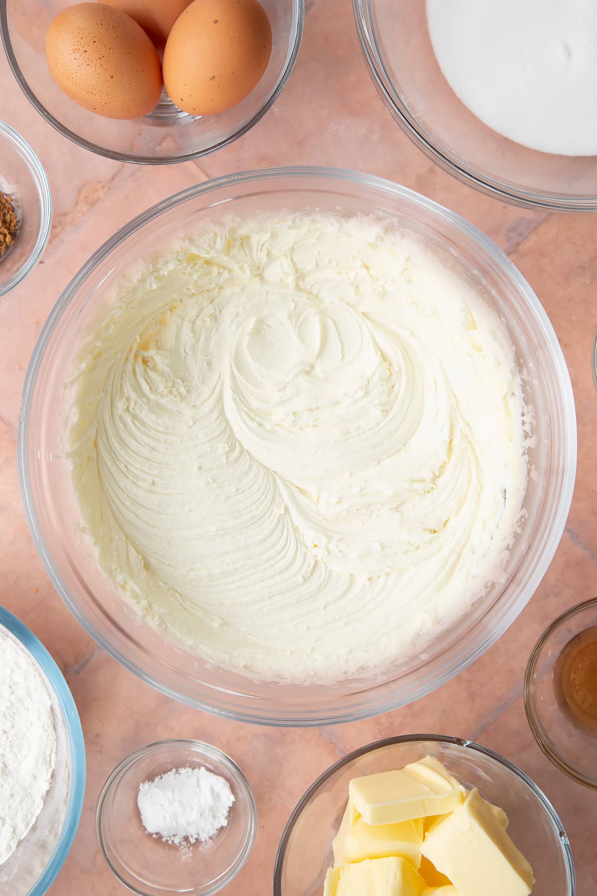 white chocolate buttercream icing in a large clear bowl.