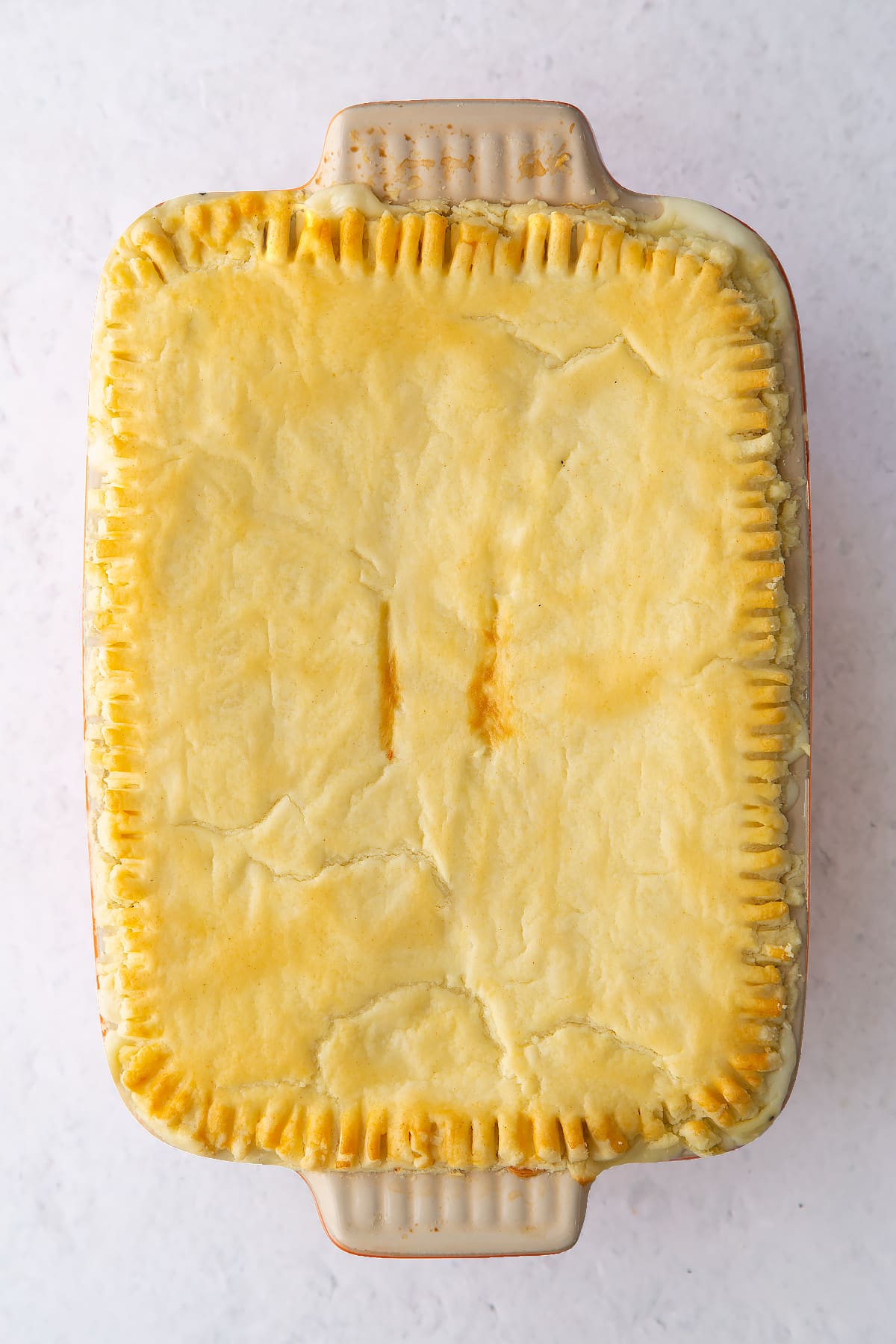 Cooked gluten free vegetarian pie in a a small roasting dish.