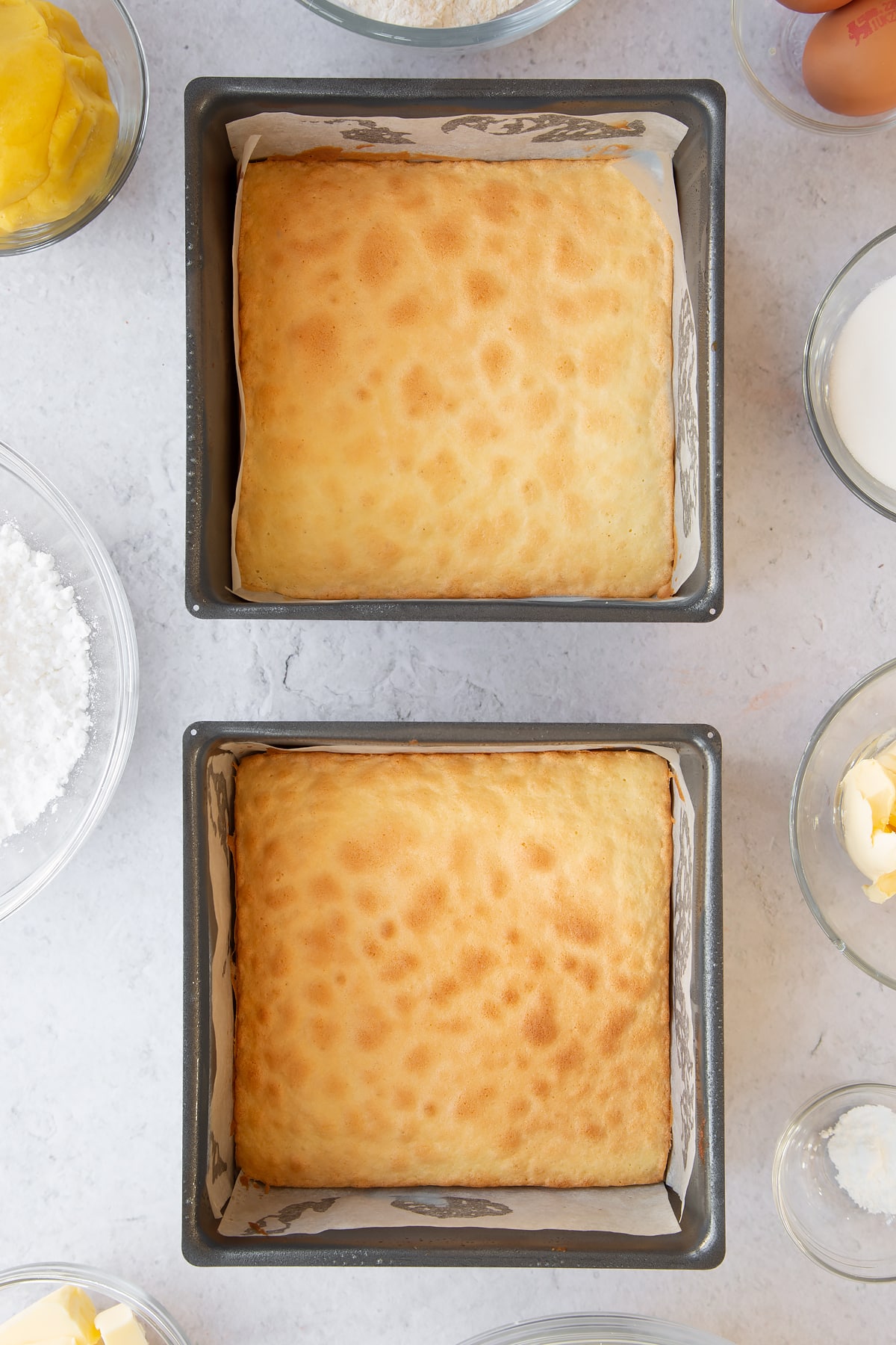 Overhead shot of the baking tins having been in the oven for 10 to 12 minutes.