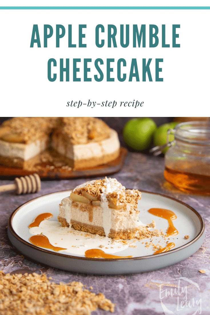 Pinterest image for the baked apple crumble cheesecake.