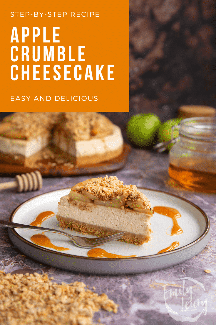 Pinterest image for the baked apple crumble cheesecake.