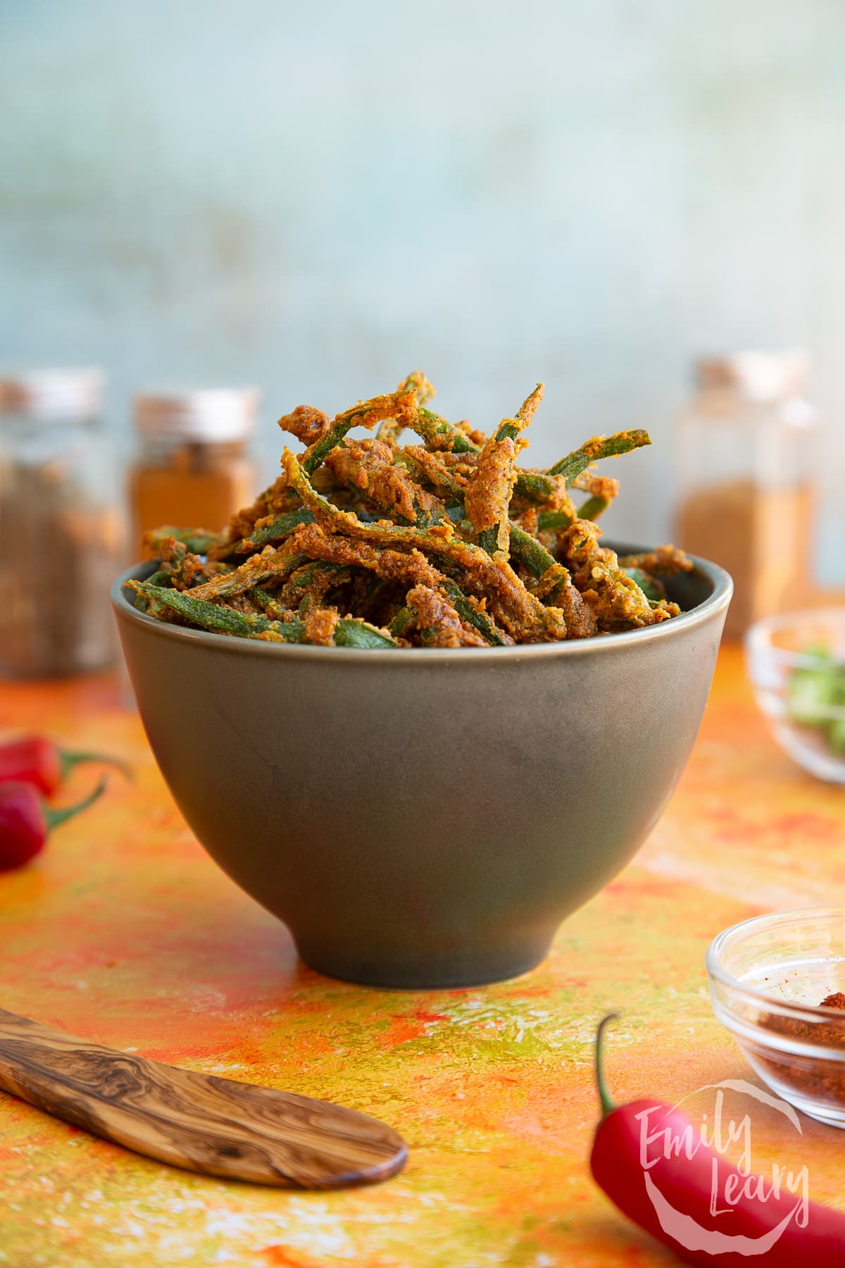 Kurkuri bhindi in a large dark bowl