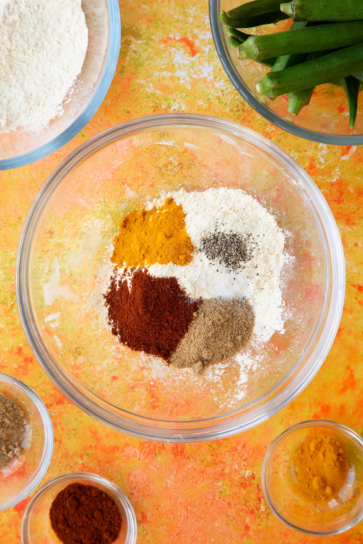 Overhead shot of the flour and spices in a mixing bowl.