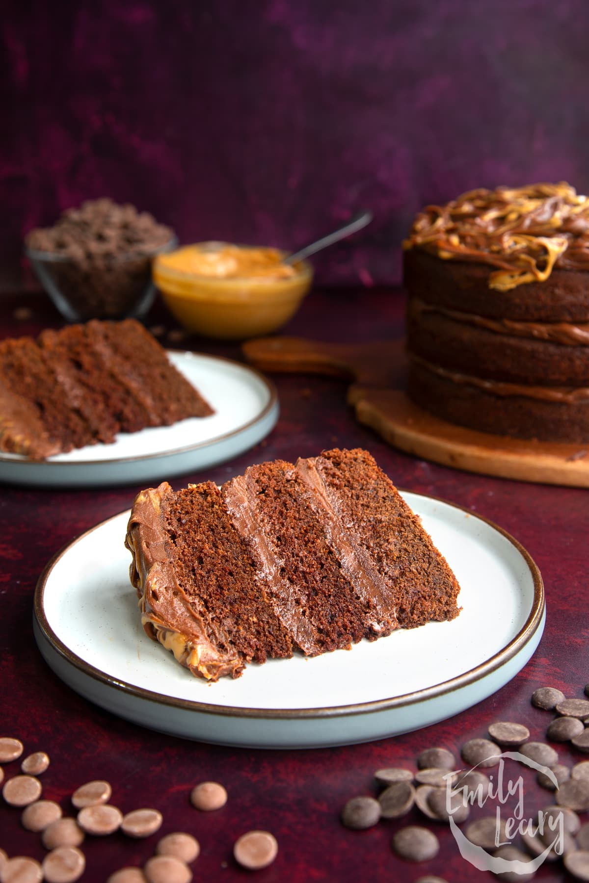 a piece of peanut butter chocolate cake on a white plate.
