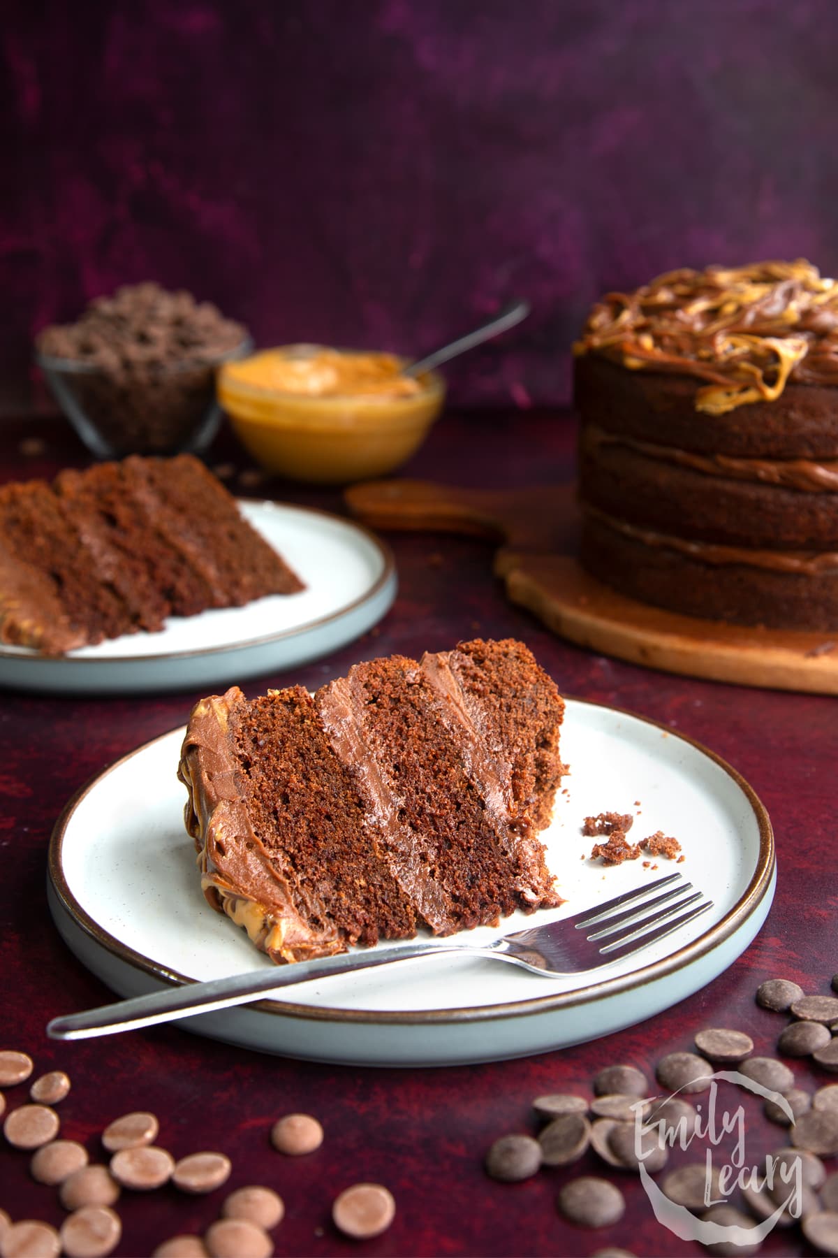 a piece of peanut butter chocolate cake on a white plate with a fork on the side.