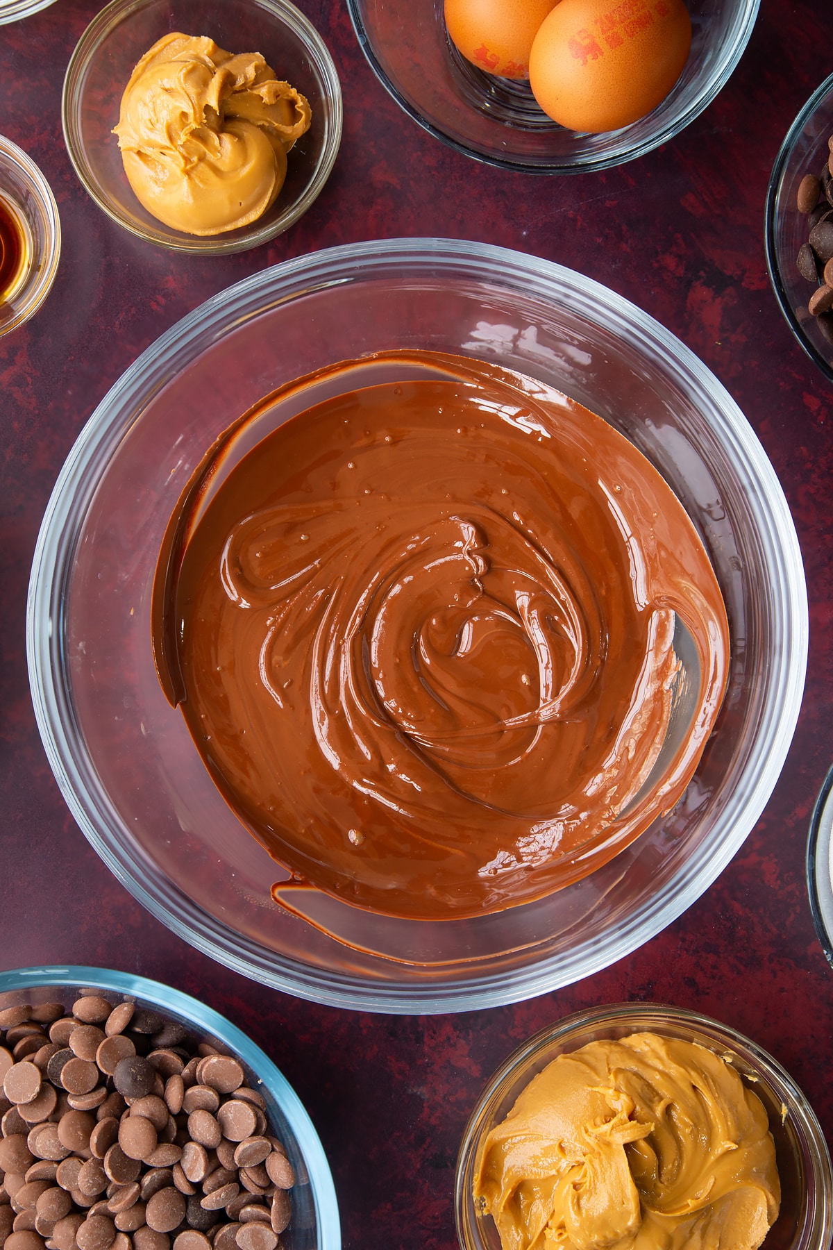 melted chocolate and peanut butter mix in a large clar bowl.