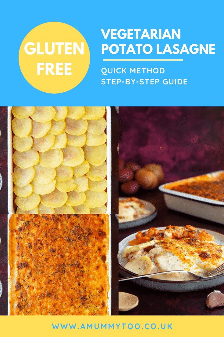 Pinterest image for the gluten free potato lasange with text at the top describing the image and a collage of photos of the lasange at the bottom.