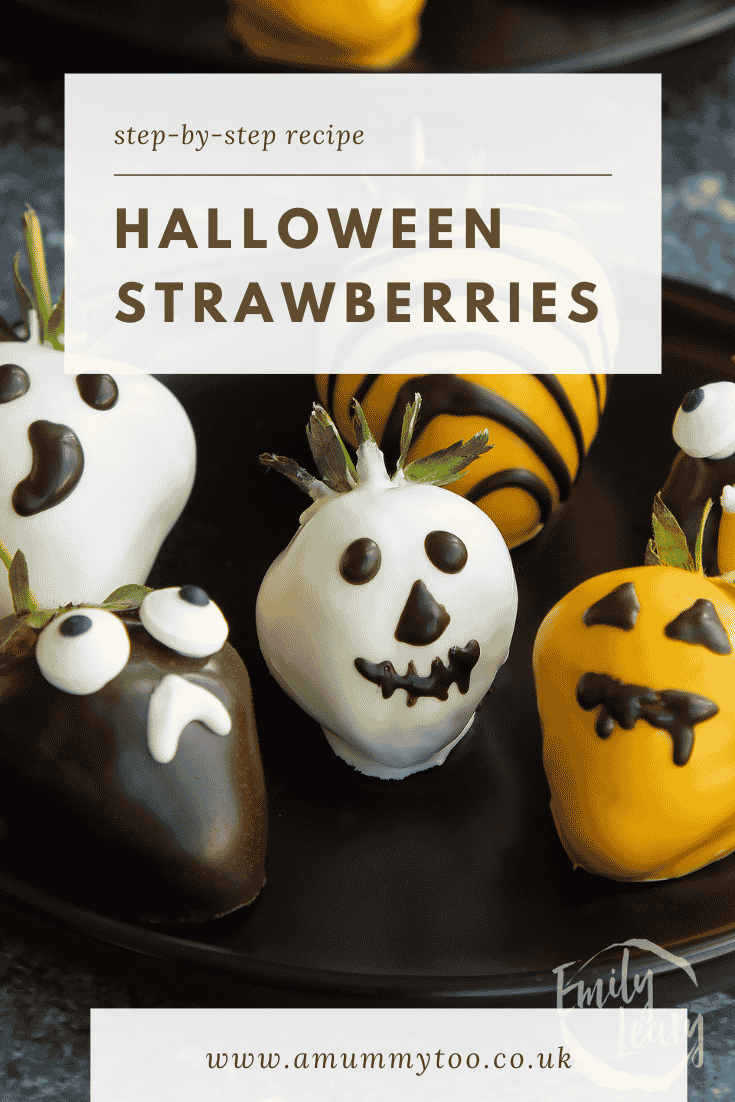 Pinterest image for halloween chocolate covered strawberries