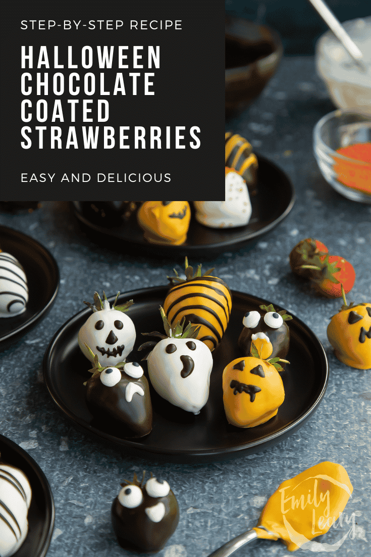 Pinterest image for halloween chocolate covered strawberries