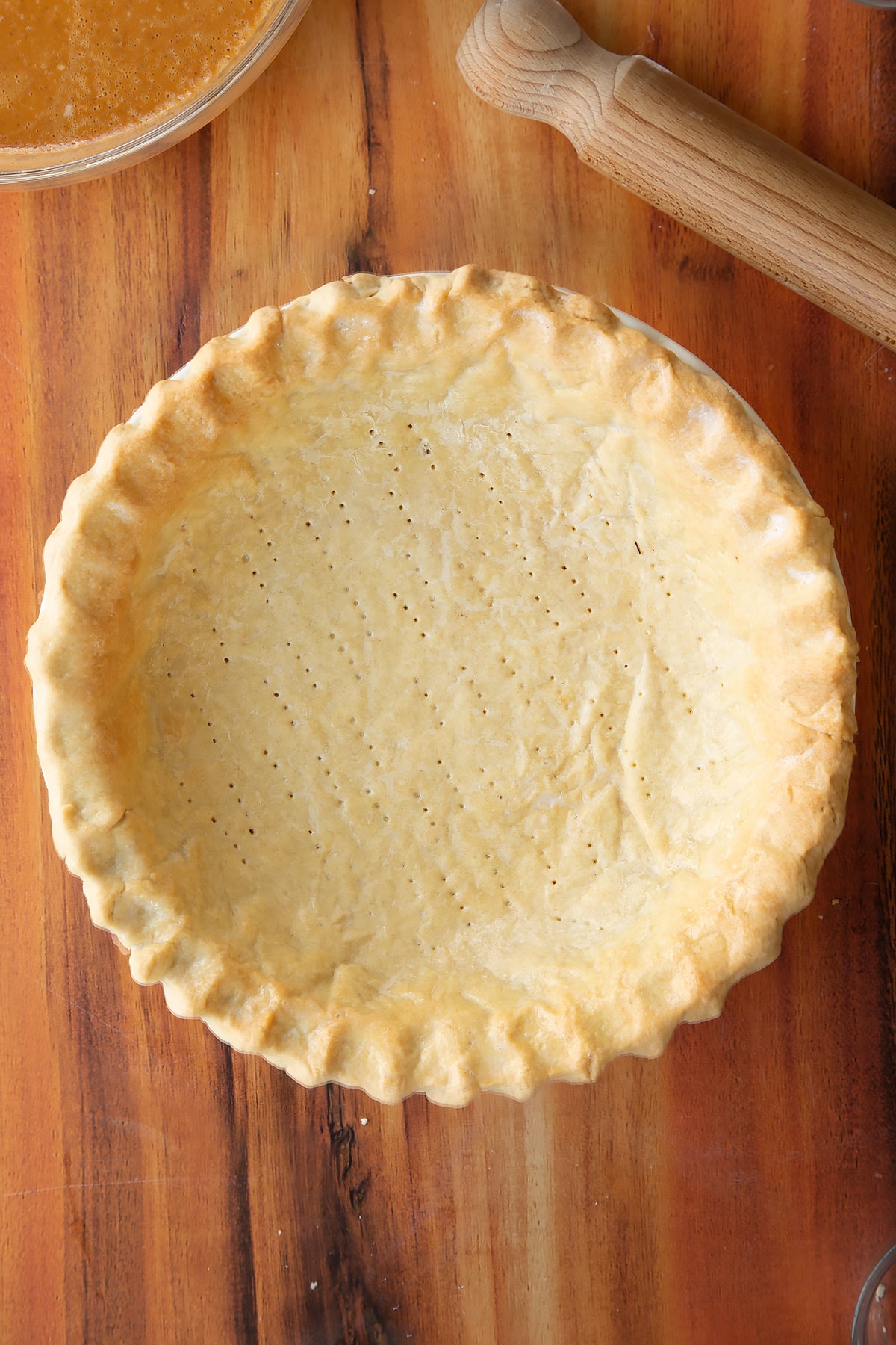 The caramel pumpkin pie base having been returned to the oven for a further five to ten minutes.